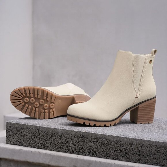 Jabasic Womens Sand Chelsea Block Heel Slip On Faux Suede Classic Ankle Booties - Picture 3 of 6